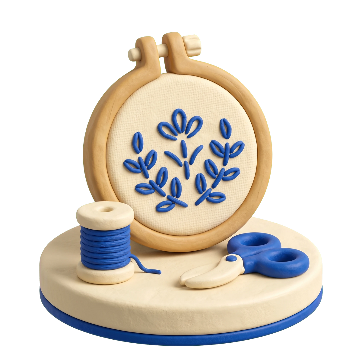 Needlework shop illustration in blue and ivory clay