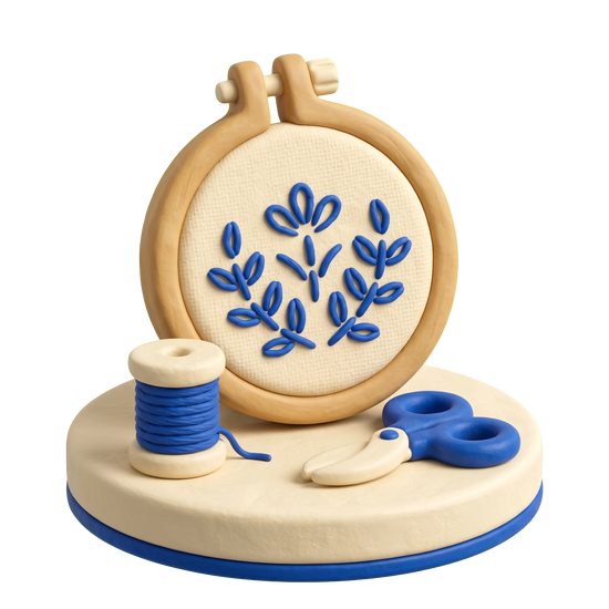 Needlework shop illustration in blue and ivory clay
