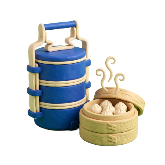 Nepalese restaurant illustration in blue and ivory clay
