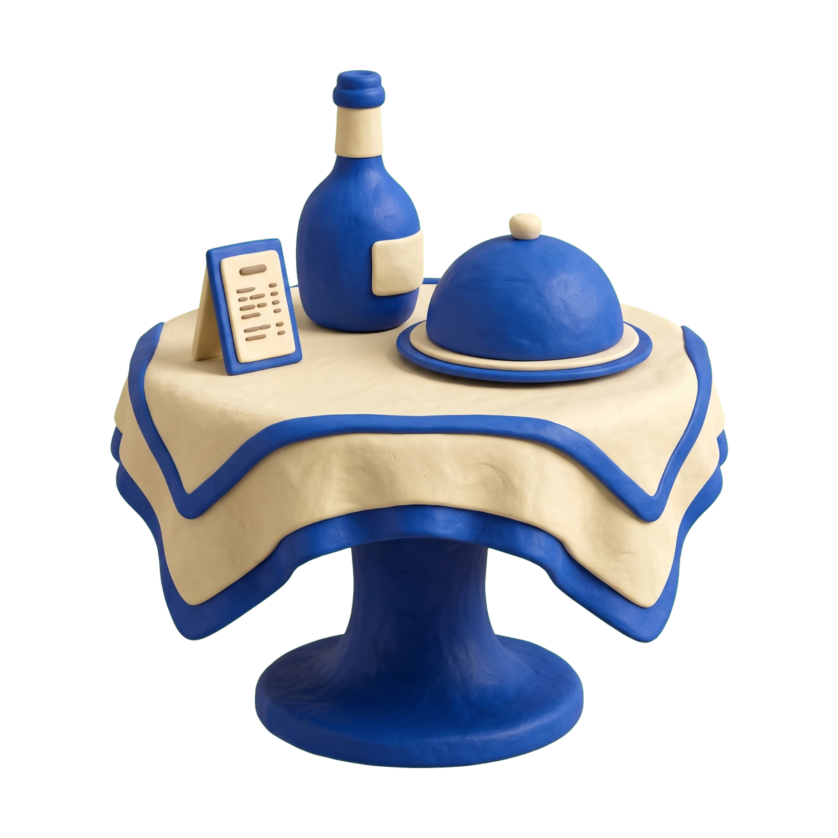 New American restaurant illustration in blue and ivory clay