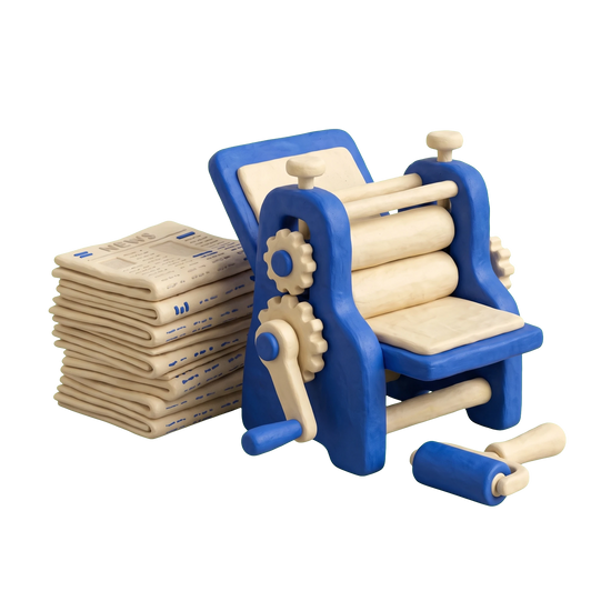 Newspaper publisher illustration in blue and ivory clay