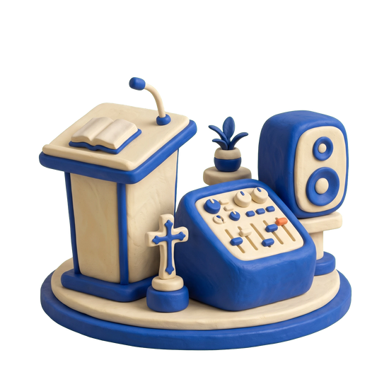 Non-denominational church illustration in blue and ivory clay