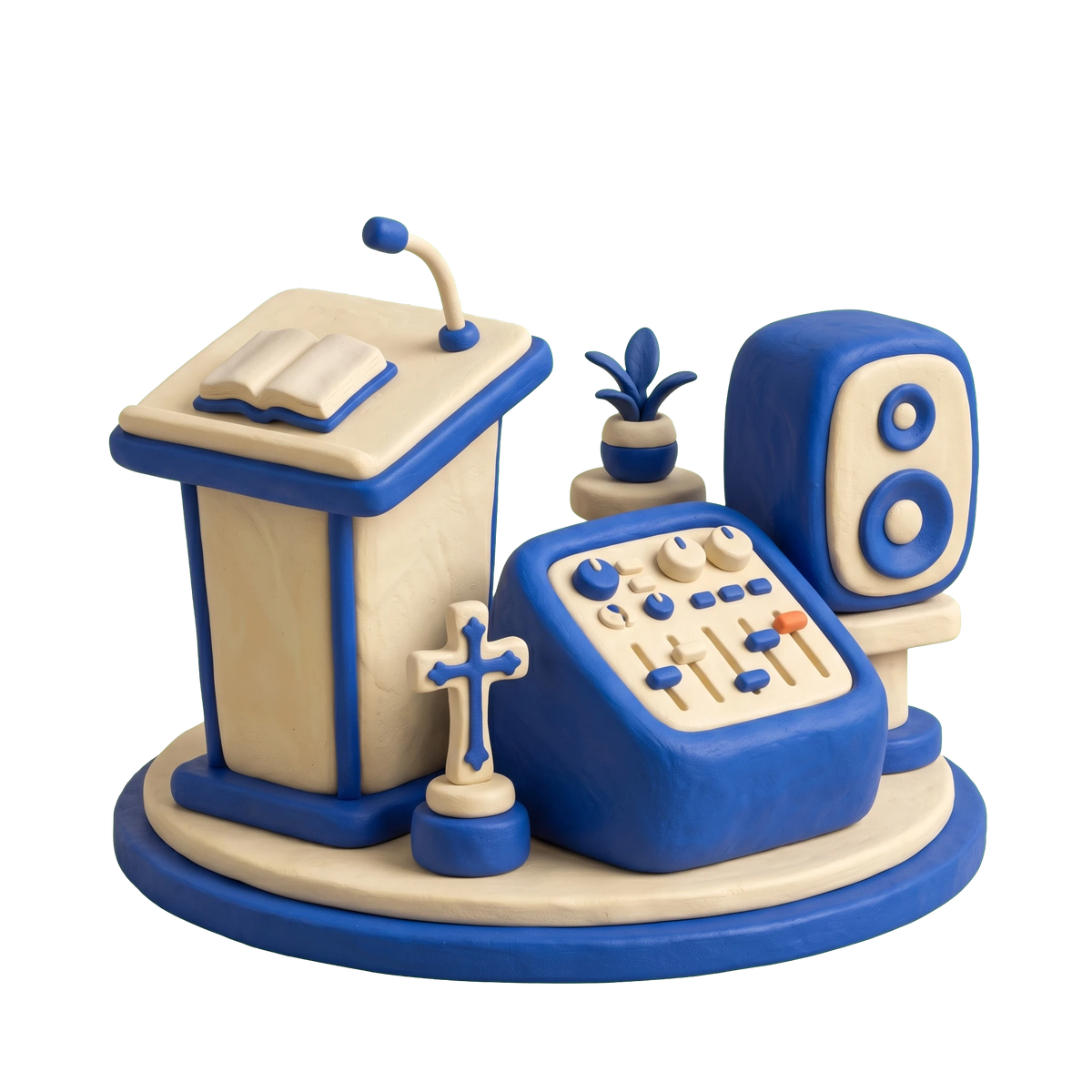 Non-denominational church illustration in blue and ivory clay
