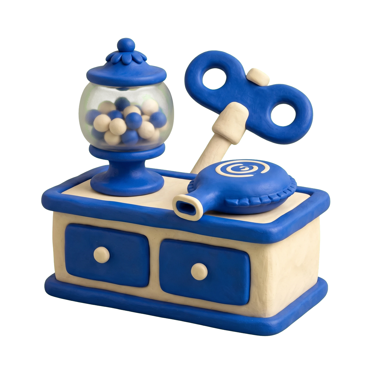 Novelty store illustration in blue and ivory clay