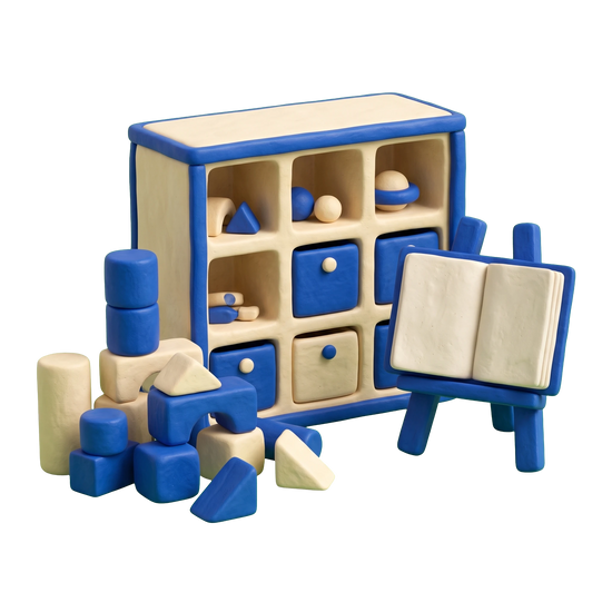 Nursery school illustration in blue and ivory clay