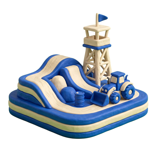 Off-road racing venue illustration in blue and ivory clay
