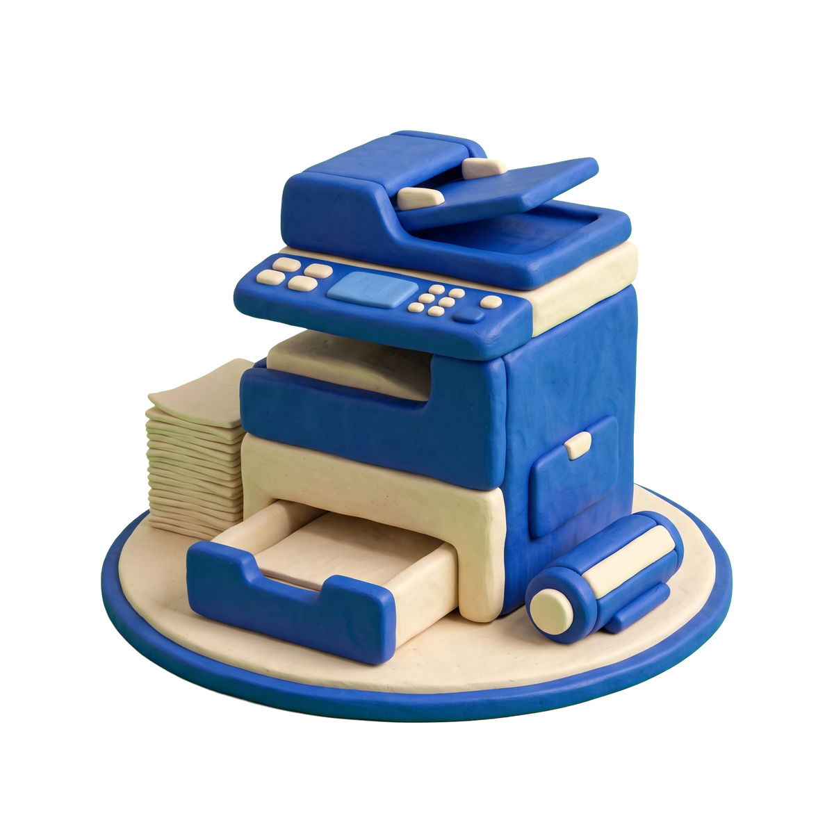 Office equipment supplier illustration in blue and ivory clay