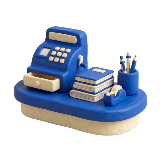 Office supply store illustration in blue and ivory clay