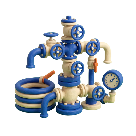 Oil field equipment supplier illustration in blue and ivory clay