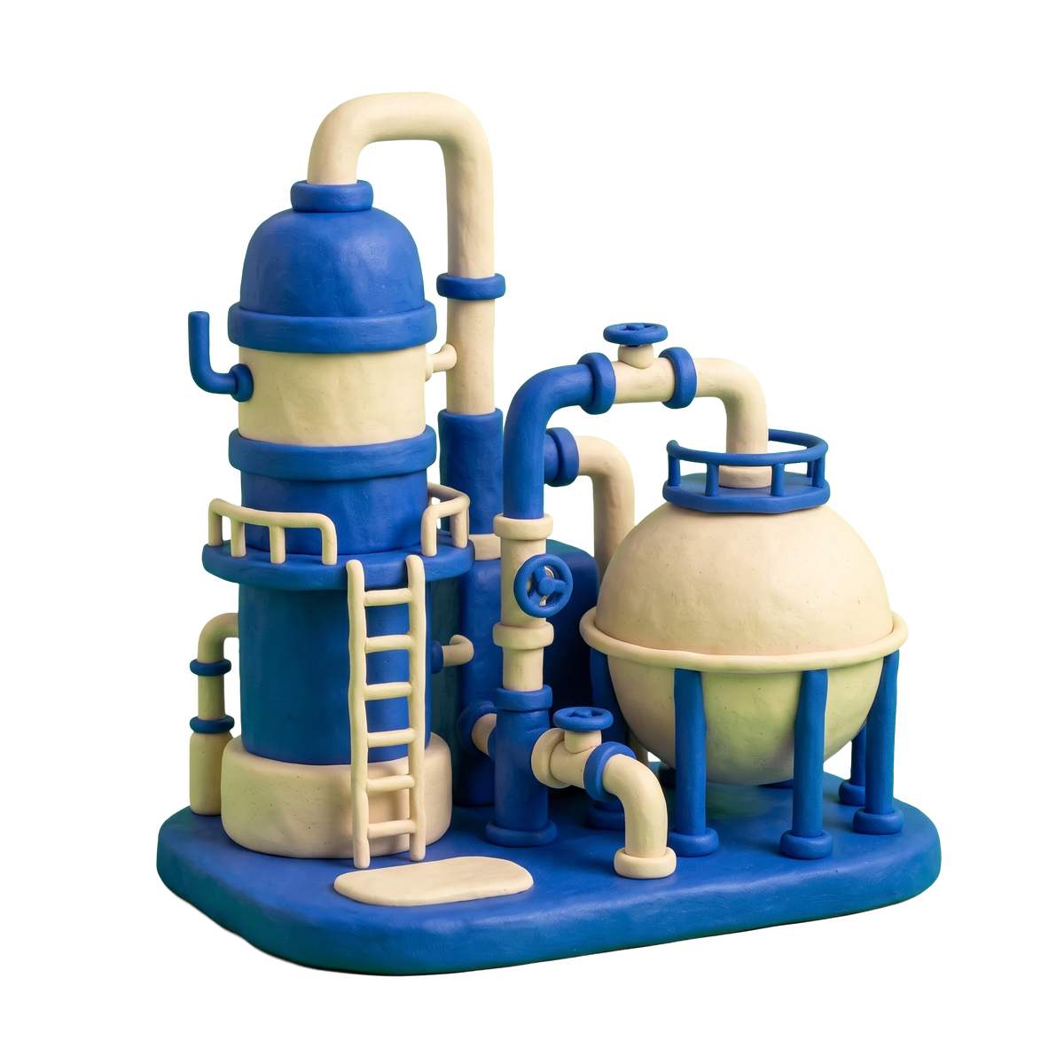 Oil refinery illustration in blue and ivory clay