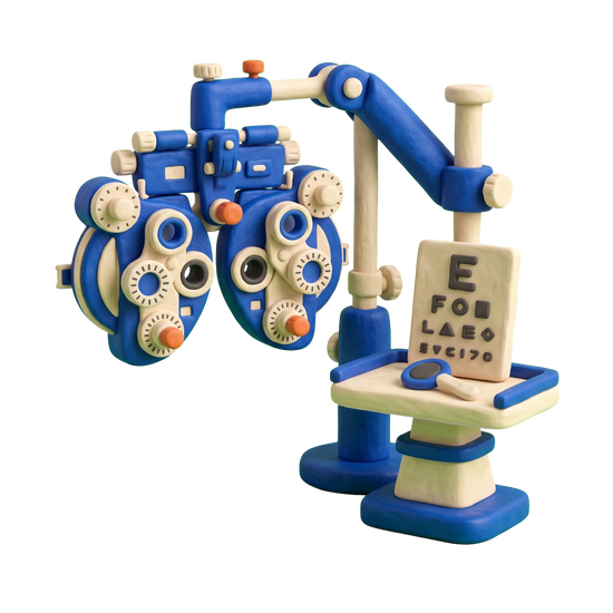 Optometrist illustration in blue and ivory clay
