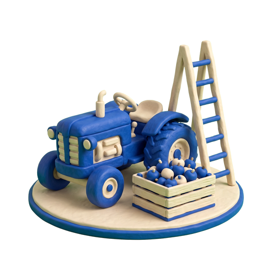 Orchard illustration in blue and ivory clay
