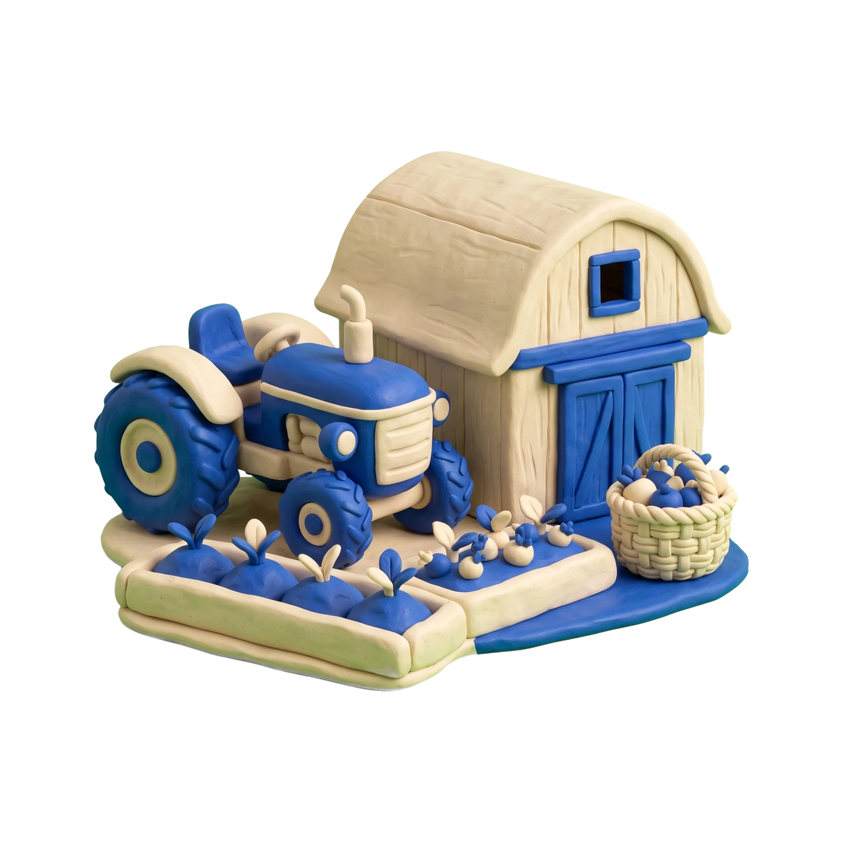 Organic farm illustration in blue and ivory clay