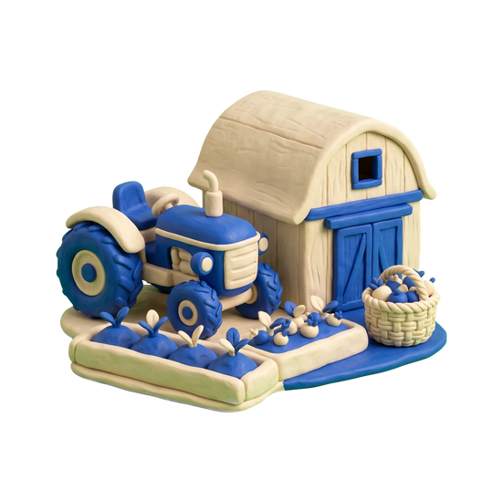 Organic farm illustration in blue and ivory clay