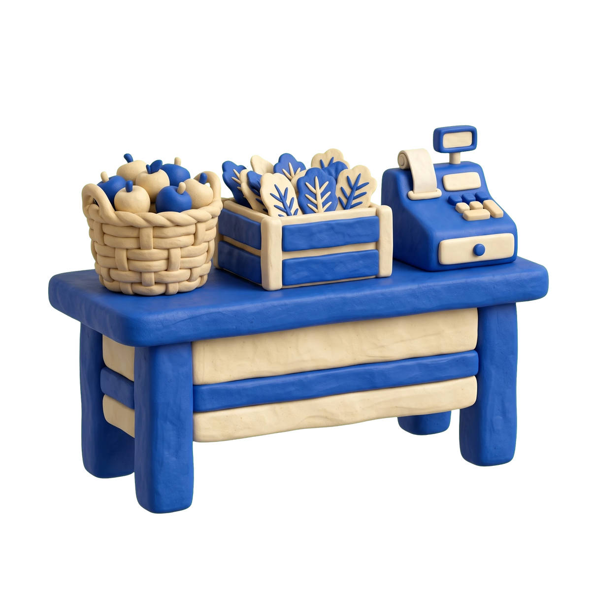 Organic shop illustration in blue and ivory clay