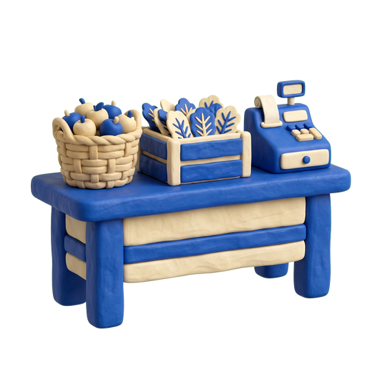 Organic shop illustration in blue and ivory clay