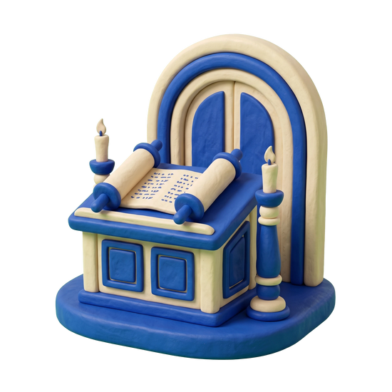 Orthodox synagogue illustration in blue and ivory clay