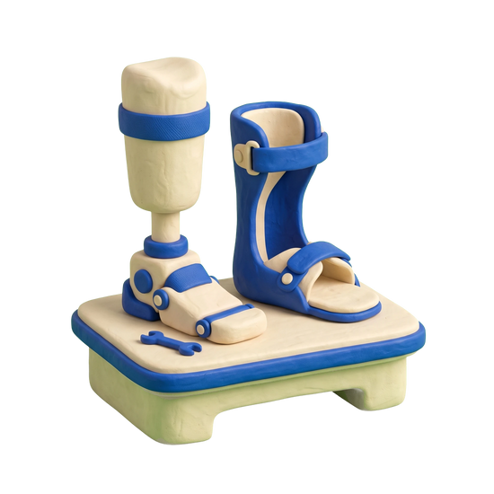 Orthotics & prosthetics service illustration in blue and ivory clay