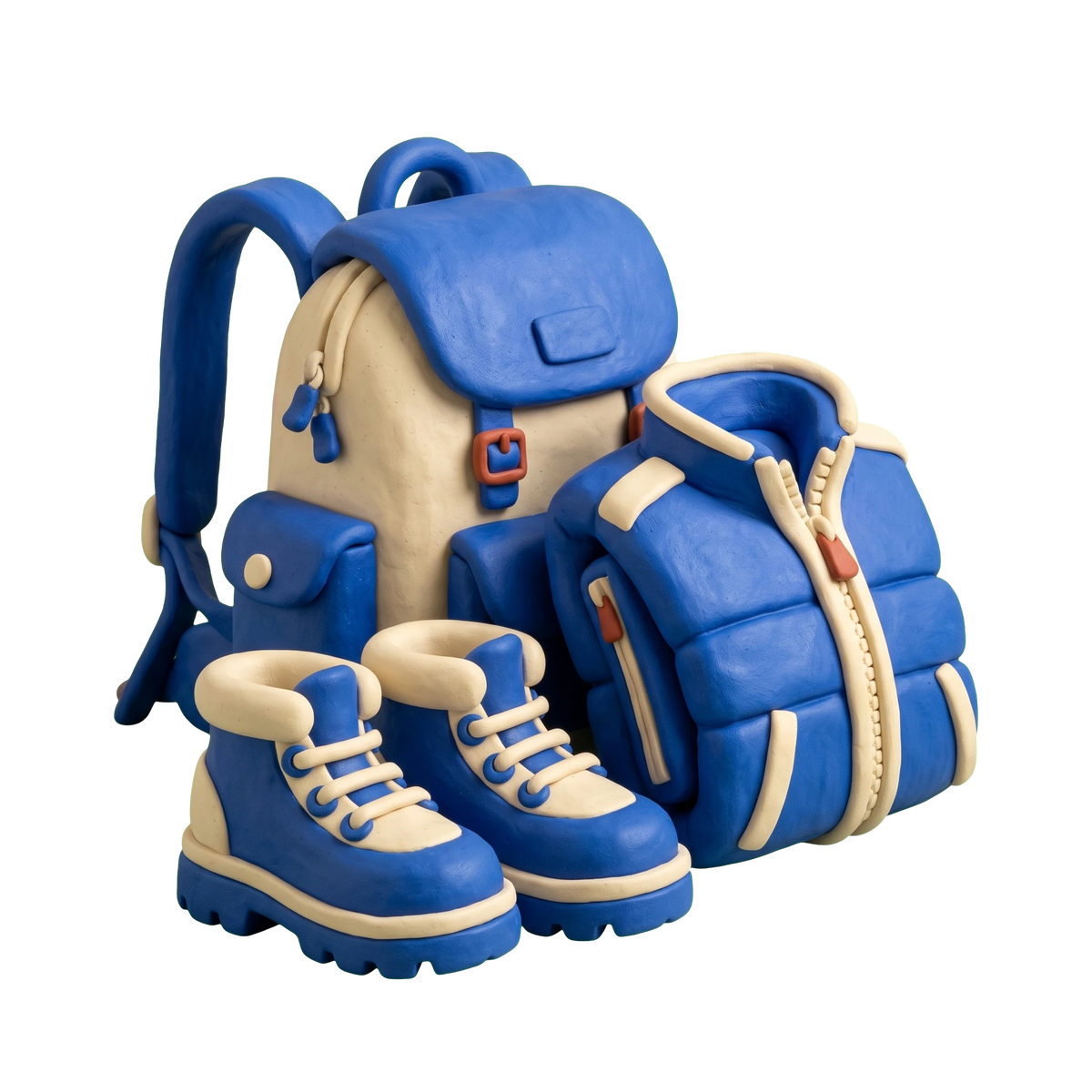 Outdoor clothing and equipment shop illustration in blue and ivory clay