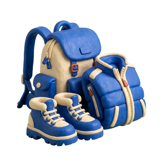 Outdoor clothing and equipment shop illustration in blue and ivory clay