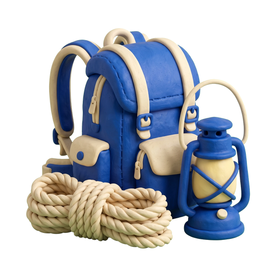 Outdoor sports store illustration in blue and ivory clay