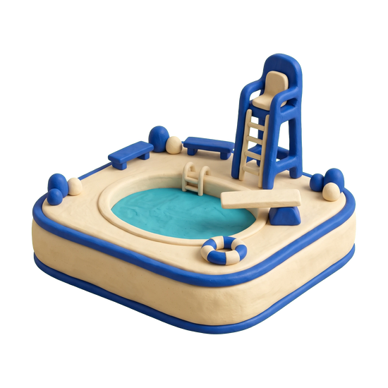 Outdoor swimming pool illustration in blue and ivory clay