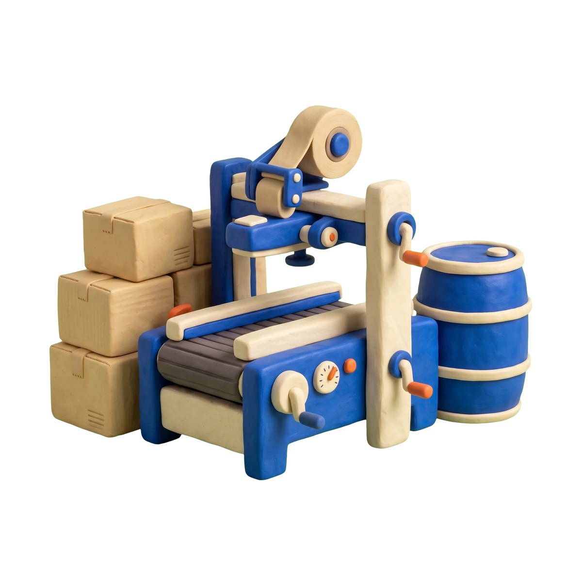 Packaging company illustration in blue and ivory clay