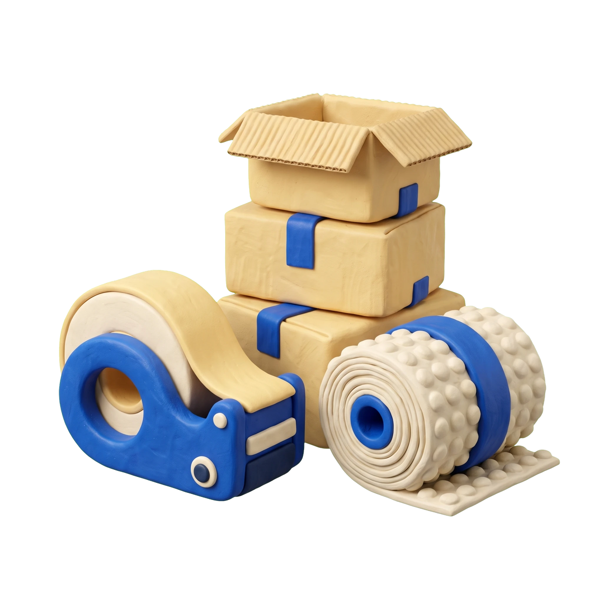 Packaging supply store illustration in blue and ivory clay