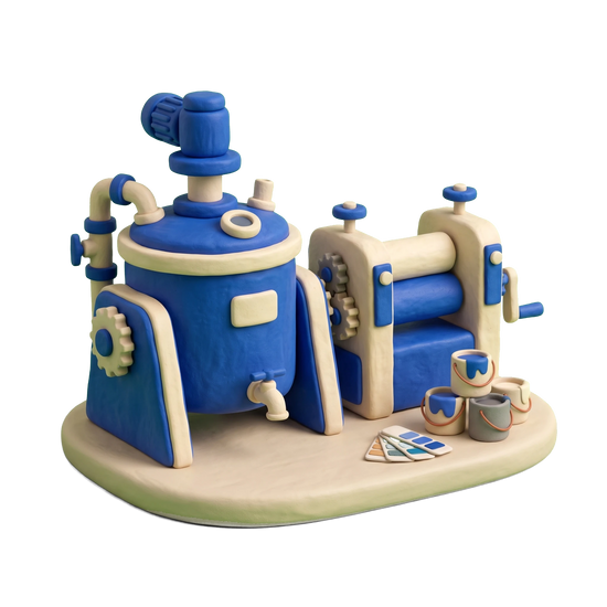 Paint manufacturer illustration in blue and ivory clay