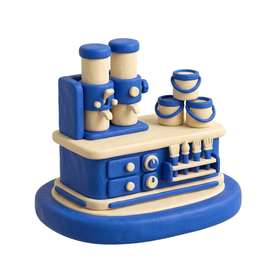 Paint store illustration in blue and ivory clay
