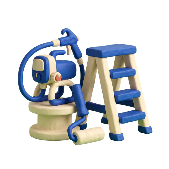Painter illustration in blue and ivory clay
