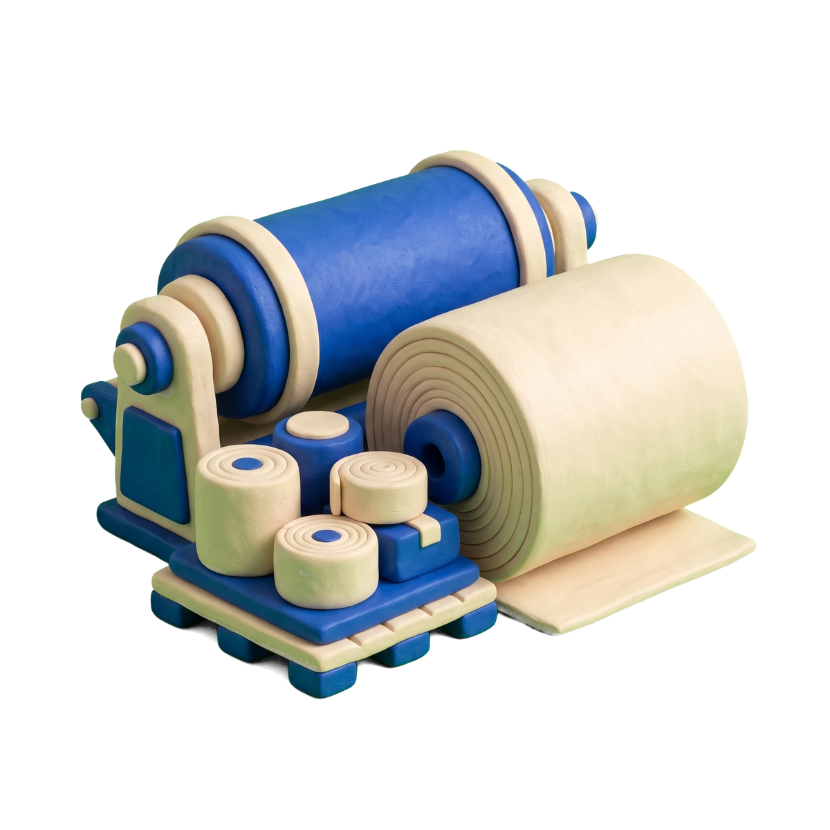 Paper mill illustration in blue and ivory clay