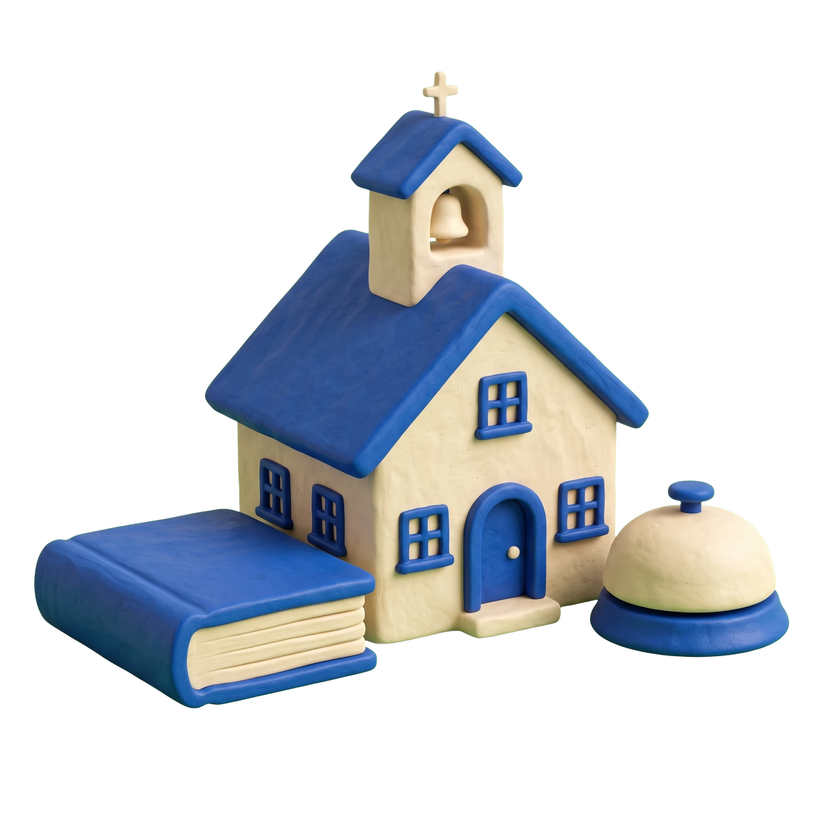 Parochial school illustration in blue and ivory clay