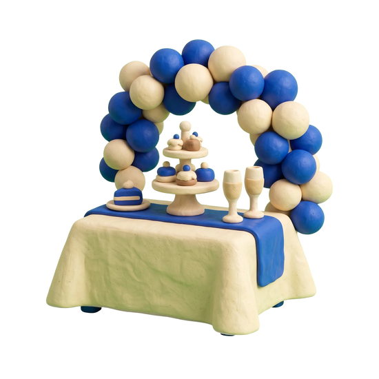 Party planner illustration in blue and ivory clay