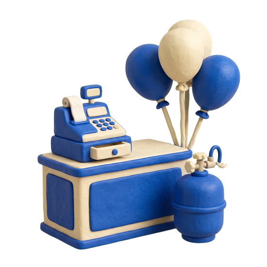 Party store illustration in blue and ivory clay