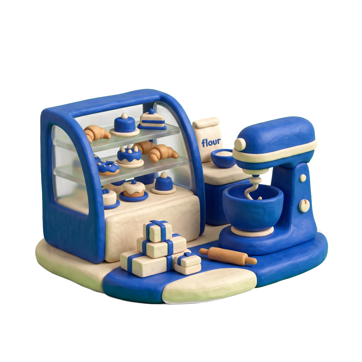 Pastry shop illustration in blue and ivory clay