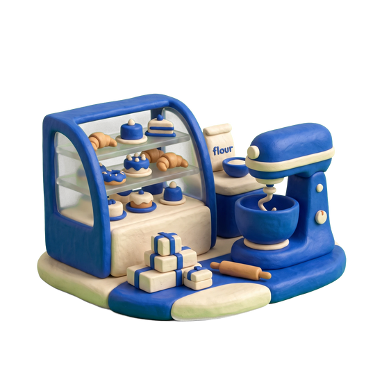 Pastry shop illustration in blue and ivory clay