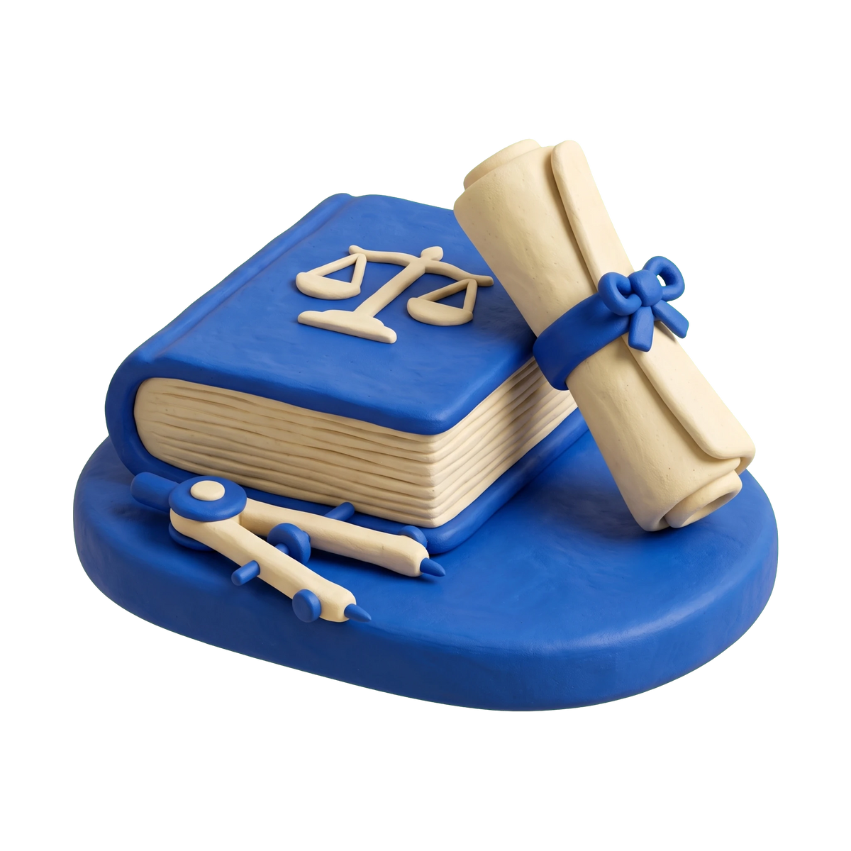 Patent attorney illustration in blue and ivory clay