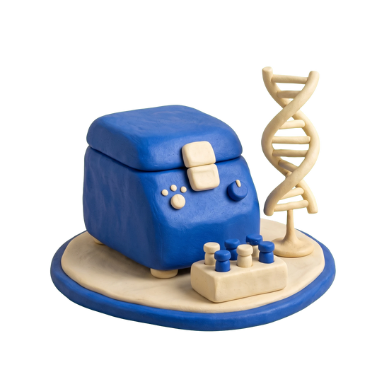 Paternity testing service illustration in blue and ivory clay