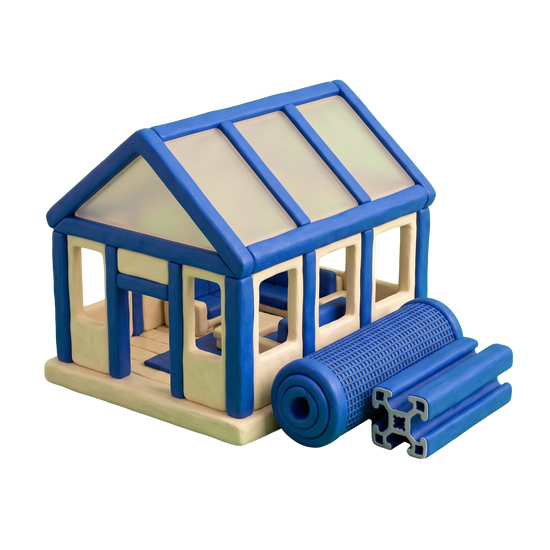 Patio enclosure supplier illustration in blue and ivory clay