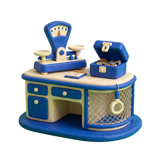 Pawn shop illustration in blue and ivory clay