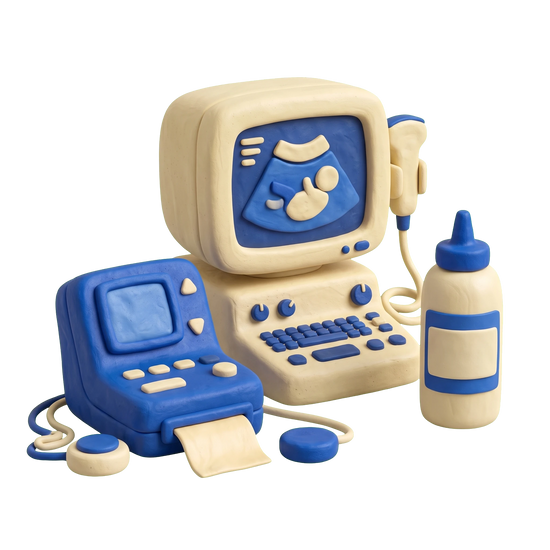Perinatal center illustration in blue and ivory clay