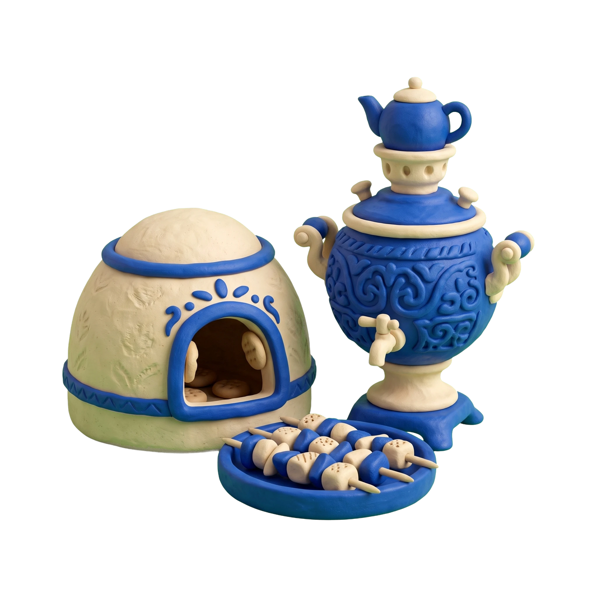 Persian restaurant illustration in blue and ivory clay