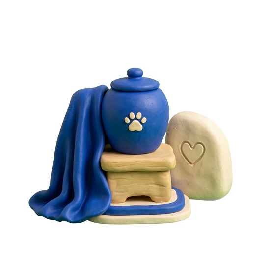 Pet funeral service illustration in blue and ivory clay