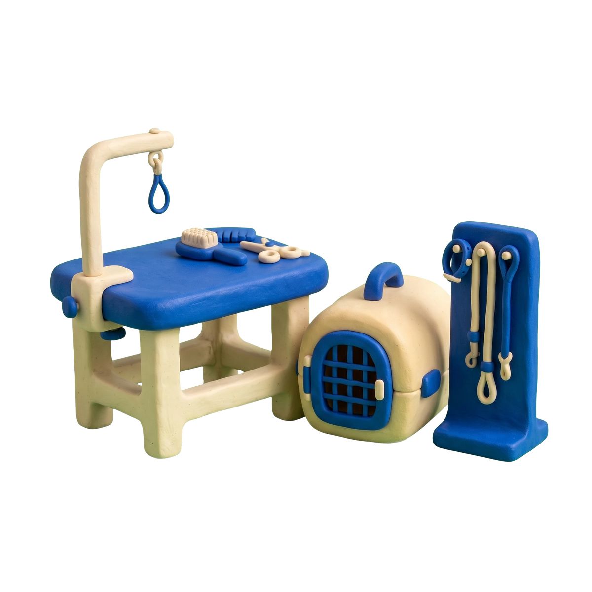 Pet sitter illustration in blue and ivory clay