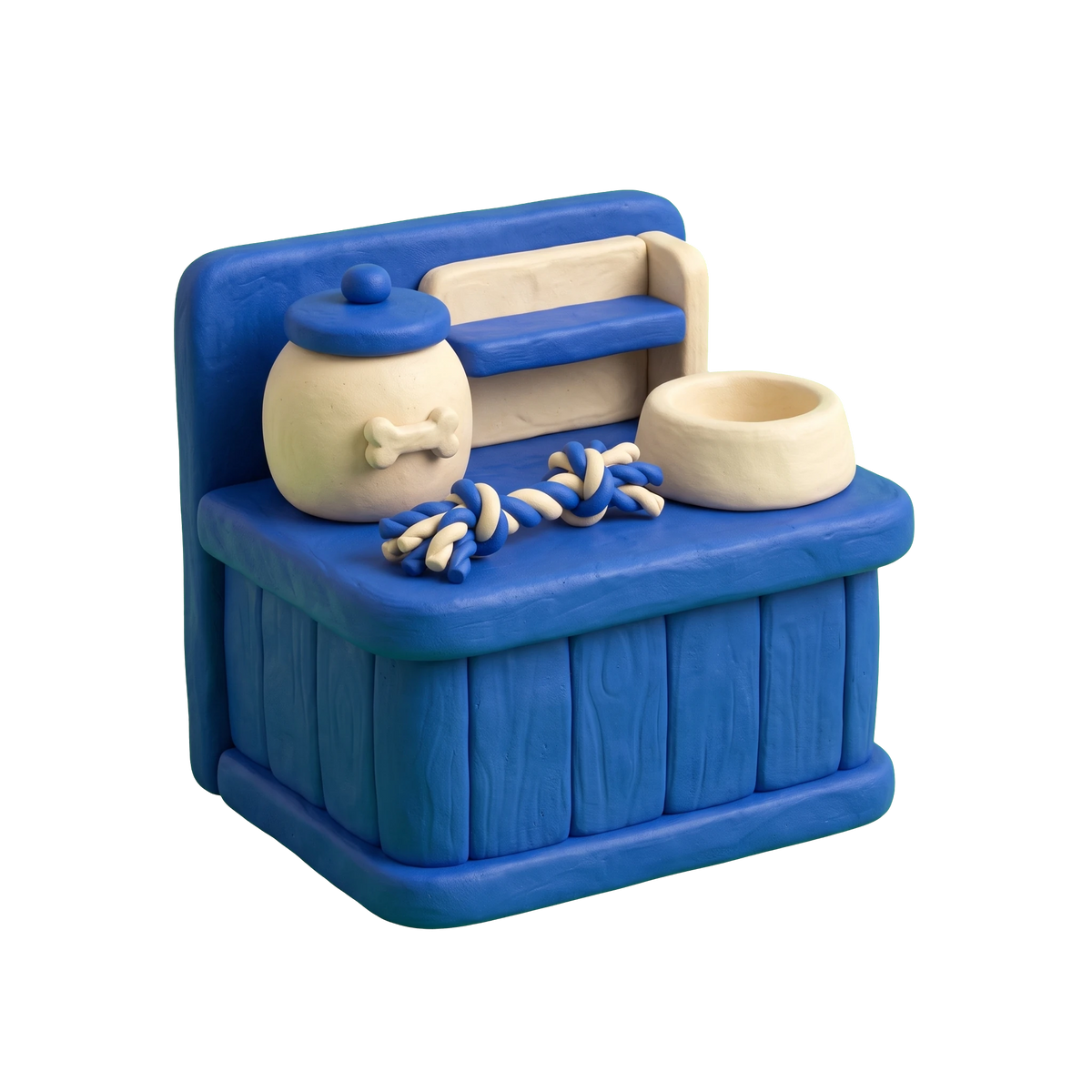 Pet store illustration in blue and ivory clay