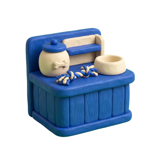Pet store illustration in blue and ivory clay
