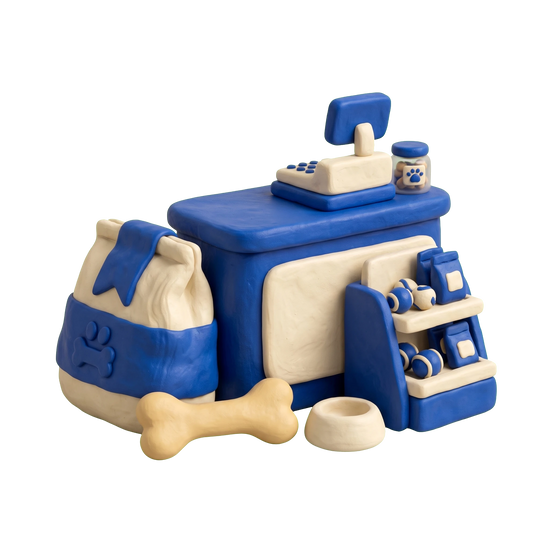 Pet supply store illustration in blue and ivory clay