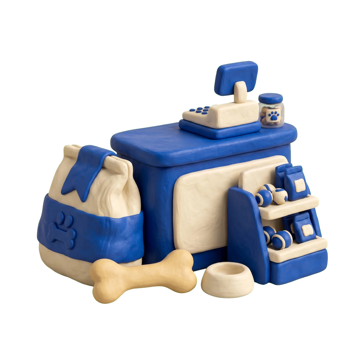 Pet supply store illustration in blue and ivory clay