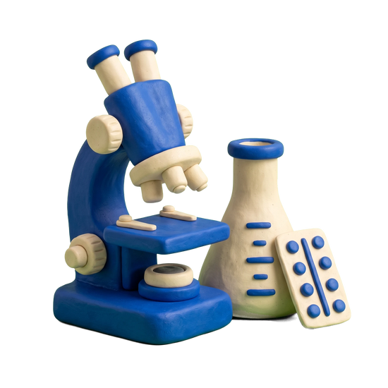 Pharmaceutical company illustration in blue and ivory clay
